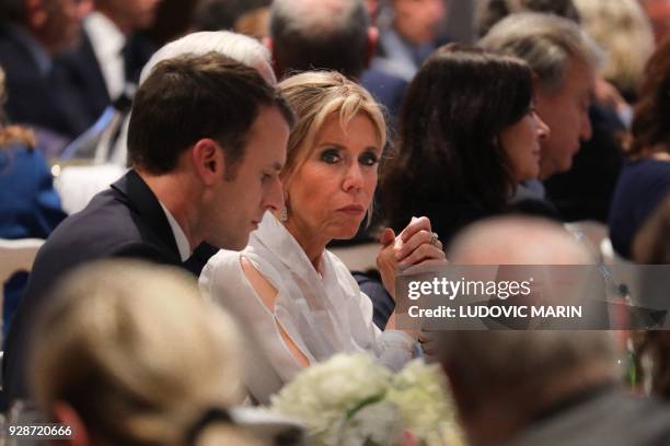 French President Emmanuel Macron and his wife Brigitte Macron attend the 33rd annual dinner of the Representative Council of Jewish Institutions of...
