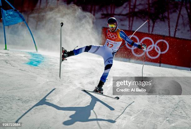 Samu Torsti of Finland crashes during the Alpine Skiing Men's Giant Slalom on day nine of the PyeongChang 2018 Winter Olympic Games at Yongpyong...