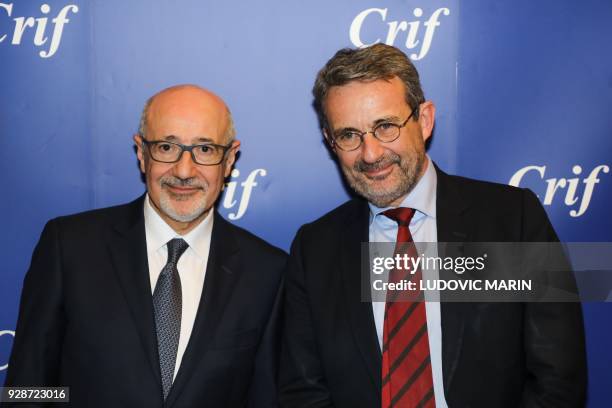 President Francis Kalifat and French politician, mayor of Neuilly-sur-Seine, Jean-Christophe Fromantin pose as they attend the 33rd annual dinner of...