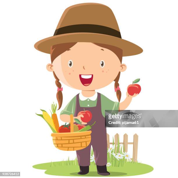 little girl farmer - pitchfork stock illustrations