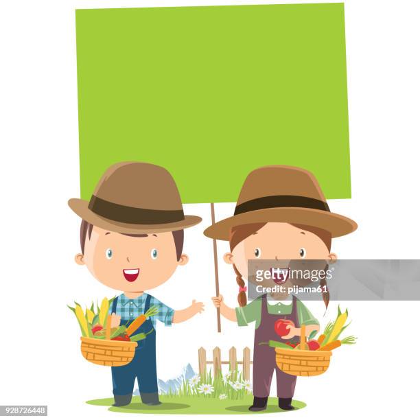 stockillustraties, clipart, cartoons en iconen met kleine jongen en meisje boer met banner - american potato farm