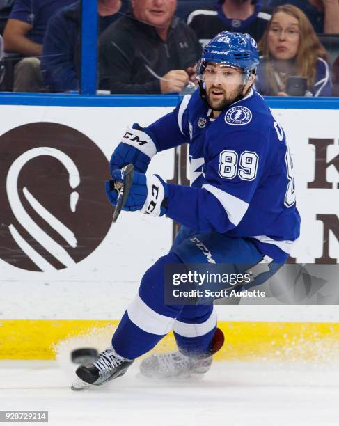 Cory Conacher of the Tampa Bay Lightning skates against the Florida Panthers during the third period at Amalie Arena on March 6, 2018 in Tampa,...