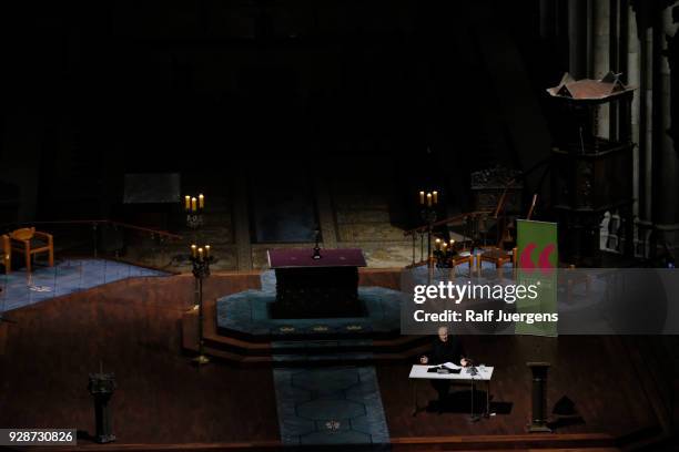 Klaus Maria Brandauer reads Fyodor Dostoyevsky's 'Grand Inquisitor' as part of the lit.COLOGNE festival at Cologne Cathedral on March 7, 2018 in...