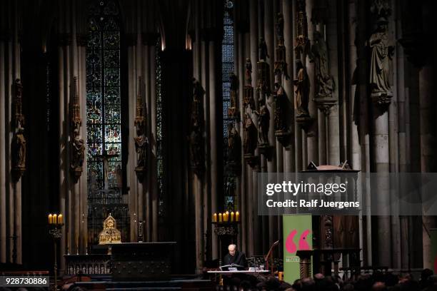 Klaus Maria Brandauer reads Fyodor Dostoyevsky's 'Grand Inquisitor' as part of the lit.COLOGNE festival at Cologne Cathedral on March 7, 2018 in...