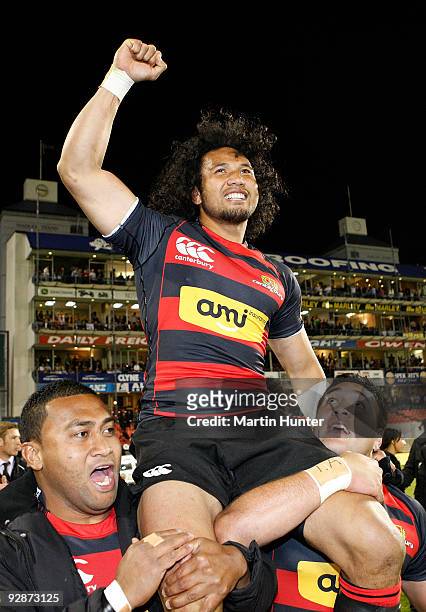 Casey Laulala of Canterbury celebrates with his team mates after the Air New Zealand Cup Final match between Canterbury and Wellington at AMI Stadium...