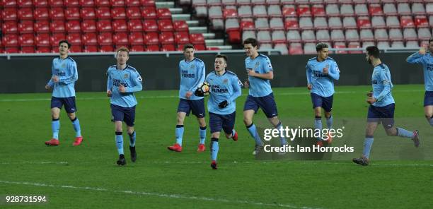 Callum Roberts of Newcastle celebrates his late equaliser during the Premier League International Cup match between Sunderland U23 and Newcastle...