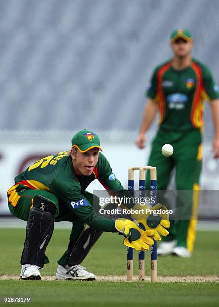 Brady Jones of the Tigers fields a throw during the Ford Ranger Cup match between the Victorian Bushrangers and the Tasmanian Tigers at Melbourne...