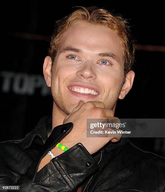 Actor Kellan Lutz appears onstage at Summit's "The Twilight Saga: New Moon" Cast Tour at Hollywood and Highland on November 6, 2009 in Los Angeles,...