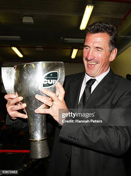 Canterbury coach Rob Penney celebrates with thr trophy after the Air New Zealand Cup Final match between Canterbury and Wellington at AMI Stadium on...