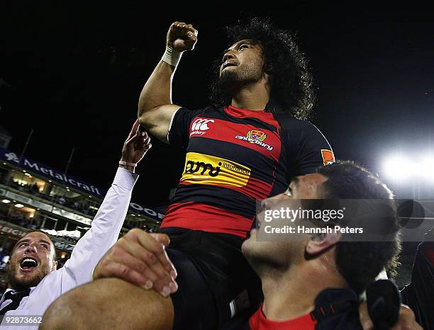 Casey Laulala of Canterbury is lifted up after the Air New Zealand Cup Final match between Canterbury and Wellington at AMI Stadium on November 7,...