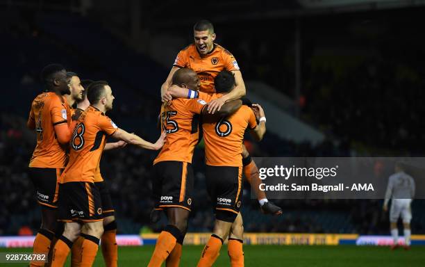 Willy Boly of Wolverhampton Wanderers celebrates after scoring a goal to make it 0-2 during the Sky Bet Championship match between Leeds United and...