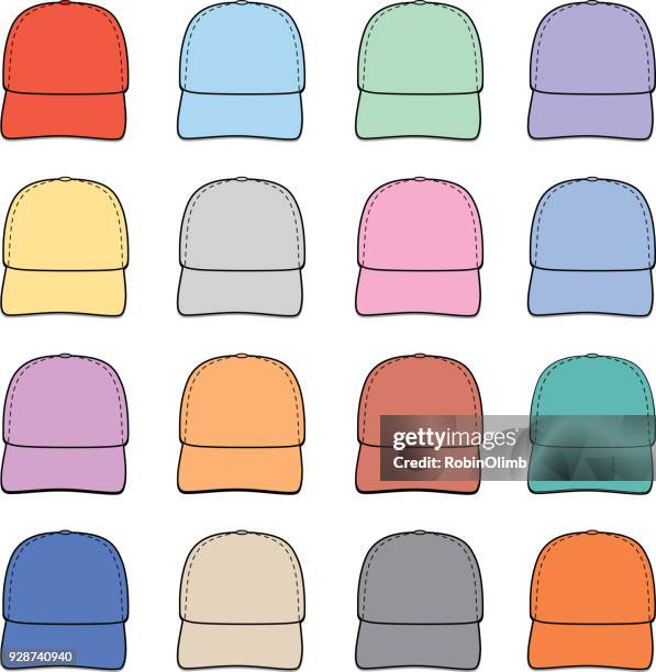 sixteen baseball caps 1 - baseball cap template stock illustrations