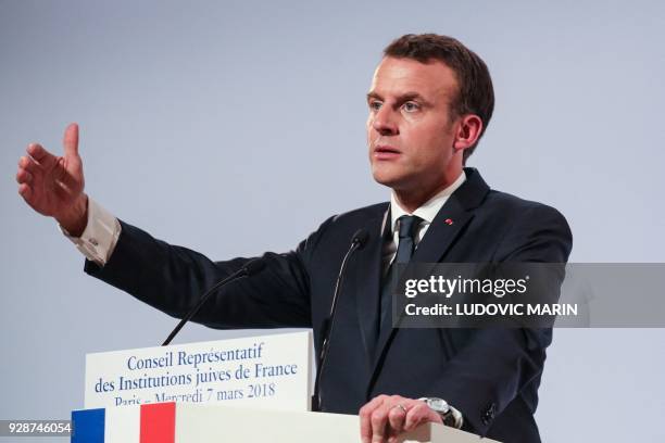 French President Emmanuel Macron delivers a speech during the 33rd annual dinner of the Representative Council of Jewish Institutions of France on...