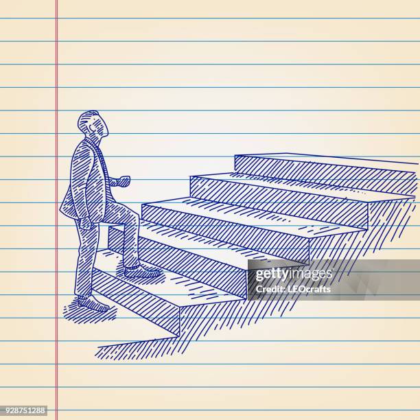 business man climbing up steps drawing on lined paper - climbing steps stock illustrations