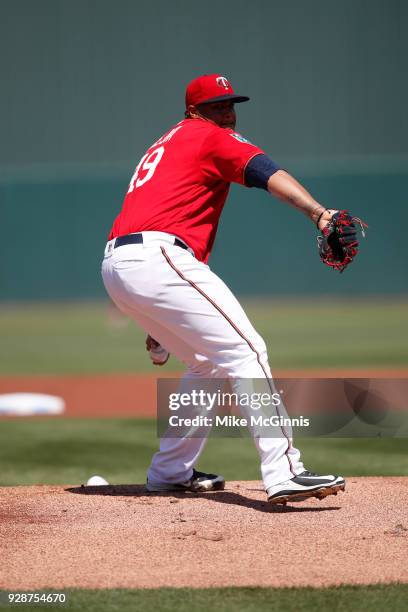 Adalberto Mejia of the Minnesota Twins pitches during the Spring Training game against the Baltimore Orioles at Hammond Stadium on March 06, 2018 in...