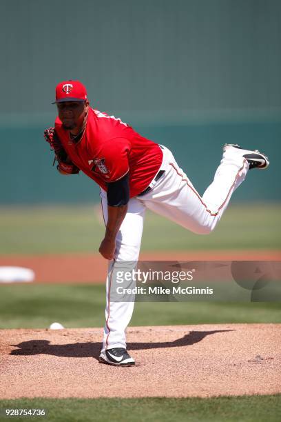 Adalberto Mejia of the Minnesota Twins pitches during the Spring Training game against the Baltimore Orioles at Hammond Stadium on March 06, 2018 in...