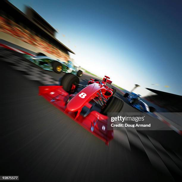 f1 racing cars crossing the finish line - 2009 chinese grand prix thompson podium stock illustrations