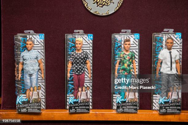 Close-up at Barbie dolls ahead Mattel honoring global role models on International Women's Day at Helene Darroze Restaurant on March 7, 2018 in...