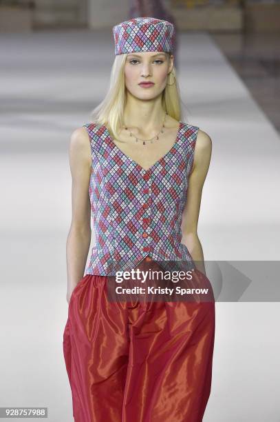 Model walks the runway during the Agnes B show as part of Paris Fashion Week Womenswear Fall/Winter 2018/2019 on March 5, 2018 in Paris, France.