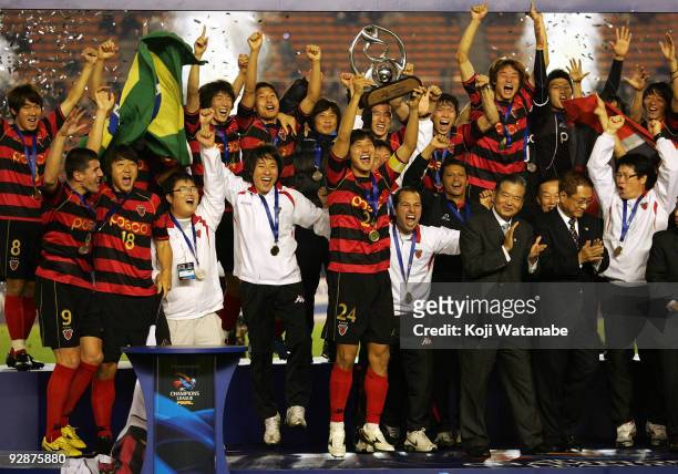 Players of Pohang Steelers celebrates after winning during 2009 AFC Champions League Final match between Al Ittihad and Pohang Steelers at the...