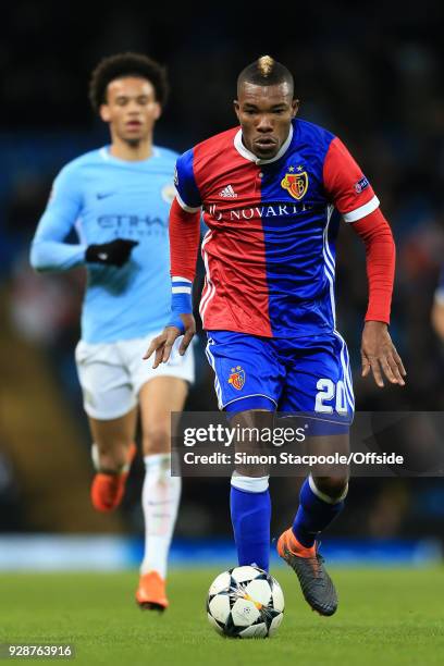 Serey Die of Basel gets away from Leroy Sane of Man City during the UEFA Champions League Round of 16 Second Leg match between Manchester City and FC...