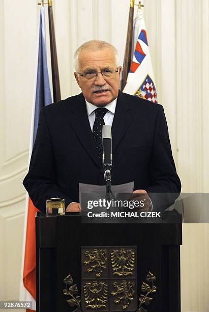 Czech President Vaclav Klaus reads a statement on November 3, 2009 at Prague Castle in the capital. Klaus announced his signing of the Lisbon Treaty...