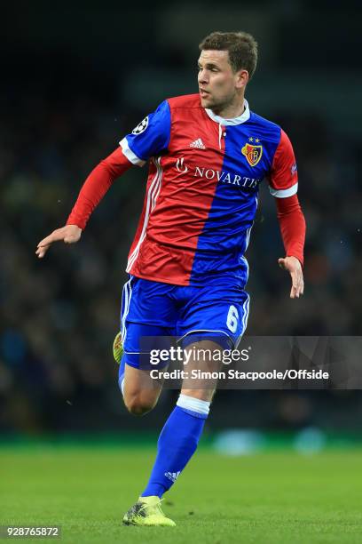 Fabian Frei of Basel in action during the UEFA Champions League Round of 16 Second Leg match between Manchester City and FC Basel at the Etihad...