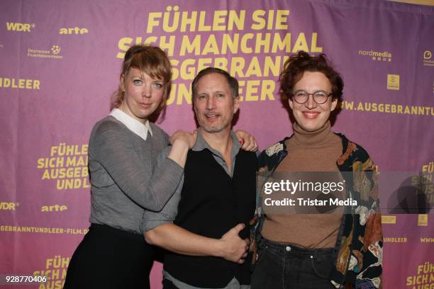 Lina Beckmann, Benno Fuermann and Lola Randl attend the premiere 'Fühelen Sie sich manchmal ausgebrannt und leer' at Abaton Kino on March 7, 2018 in...