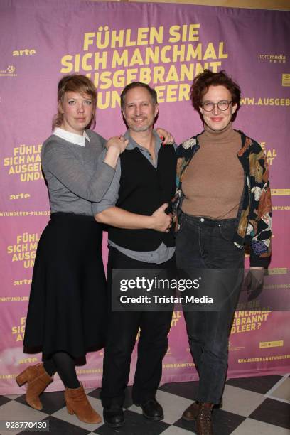 Lina Beckmann, Benno Fuermann and Lola Randl attend the premiere 'Fühelen Sie sich manchmal ausgebrannt und leer' at Abaton Kino on March 7, 2018 in...