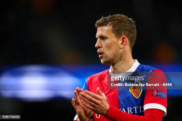 Fabian Frei of FC Basel during the UEFA Champions League Round of 16 Second Leg match between Manchester City and FC Basel at Etihad Stadium on March...