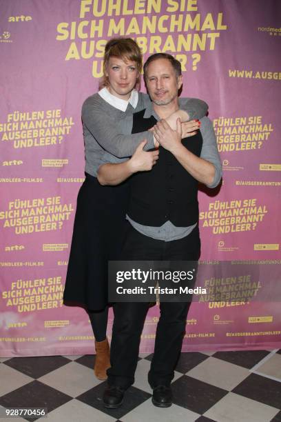 Lina Beckmann and Benno Fuermann attend the premiere 'Fühelen Sie sich manchmal ausgebrannt und leer' at Abaton Kino on March 7, 2018 in Hamburg,...