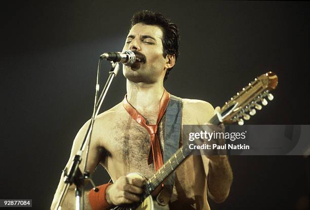 Singer Freddie Mercury of Queen at the Rosemont Horizon on September 19, 1980 in Rosemont, Illinois.