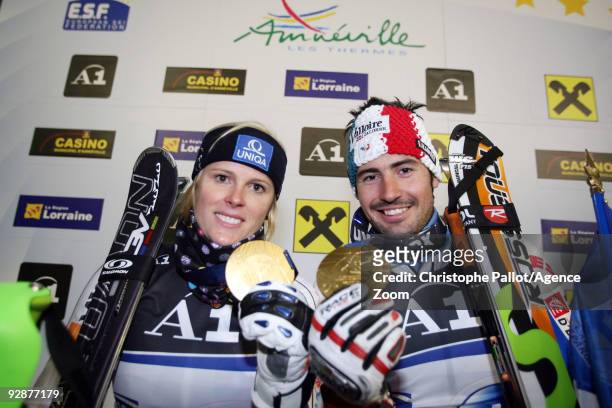 Jean-Baptiste Grange of France and Veronika Zuzulova of Slovakia take 1st place during the Alpine Ski European Indoor Championships Men's and Women's...