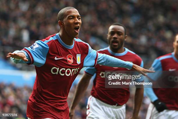 Ashley Young of Aston Villa celebrates his goal during the Barclays Premier League match between Aston Villa and Bolton Wanderers at Villa Park on...