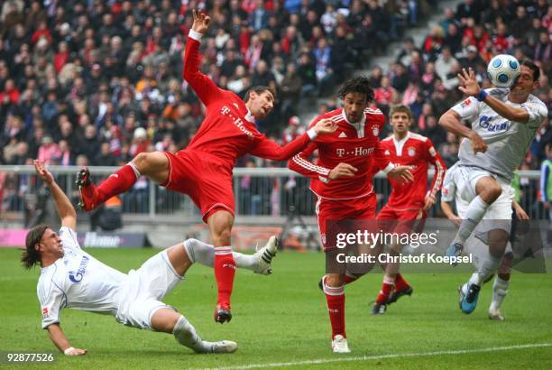 Miroslav Klose and Luca Toni of Bayern Muenchen are challenged by Kevin Kuranyi and Marcelo Bordon of Schalke during the Bundesliga match between FC...
