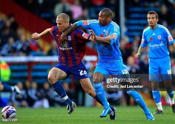 Crystal Palace's Clint HIll fights for the ball with Middlesbrough's Marcus Bent during the Coca Cola Championship match between Crystal Palace and...