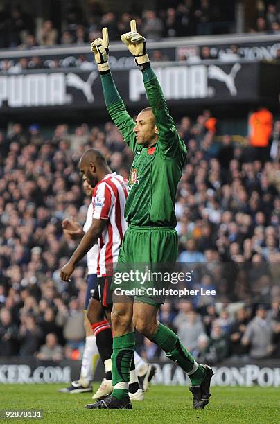Heurelho Gomes of Tottenham Hotspur celebrates saving a penalty during the Barclays Premier League match between Tottenham Hotspur and Sunderland at...