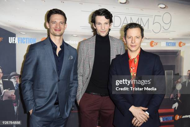 August Wittgenstein, Sabin Tambrea and Trystan Puetter during the premiere of 'Ku'damm 59' at Cinema Paris on March 7, 2018 in Berlin, Germany.