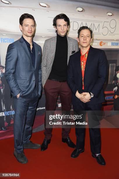 August Wittgenstein, Sabin Tambrea and Trystan Puetter during the premiere of 'Ku'damm 59' at Cinema Paris on March 7, 2018 in Berlin, Germany.