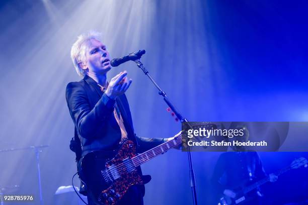 Singer Alex Kapranos and bassist Robert Hardy of Franz Ferdinand perform live on stage during a concert at Tempodrom on March 7, 2018 in Berlin,...