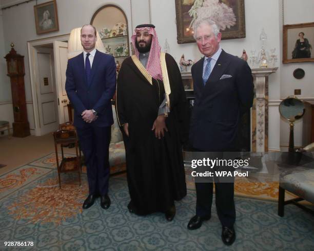 Prince Charles, Prince of Wales and Prince William, Duke of Cambridge meet Saudi Crown Prince Mohammed bin Salman before they had dinner at Clarence...