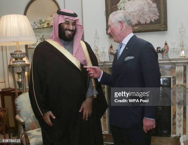 Prince Charles, Prince of Wales meets Saudi Crown Prince Mohammed bin Salman before they had dinner at Clarence House on March 7, 2018. In London,...