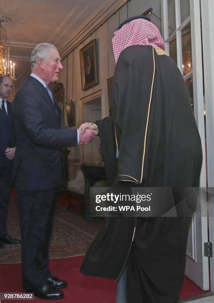 Prince Charles, Prince of Wales meets Saudi Crown Prince Mohammed bin Salman before they had dinner at Clarence House on March 7, 2018. In London,...