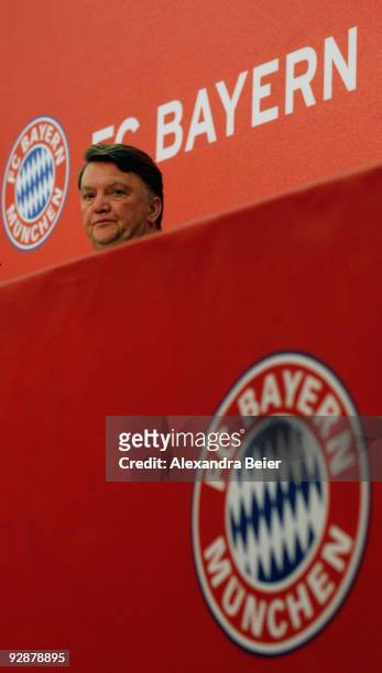 Head coach Louis van Gaal of Bayern Muenchen looks on during a press conference after the Bundesliga match against Schalke 04 at Allianz Arena on...