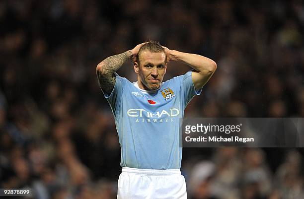 Craig Bellamy of Manchester City looks dejected during the Barclays Premier League match between Manchester City and Burnley at City of Manchester...