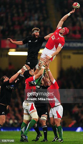 Alun-Wyn Jones of Wales wins a lineout against Jason Eaton of New Zealand during the Invesco Perpetual Series match between Wales and New Zealand at...