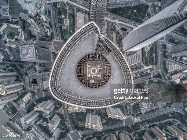 aerial view of shanghai lujiazui financial district - lujiazui stock-fotos und bilder