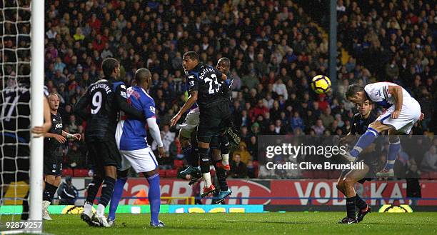 Ryan Nelsen of Blackburn Rovers scores the second goal during the Barclays Premier League match between Blackburn Rovers and Portsmouth at Ewood Park...
