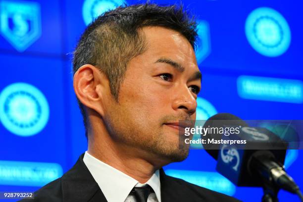 Seattle Mariners new signing Ichiro Suzuki is seen during a press conference on March 7, 2018 in Peoria, Arizona.