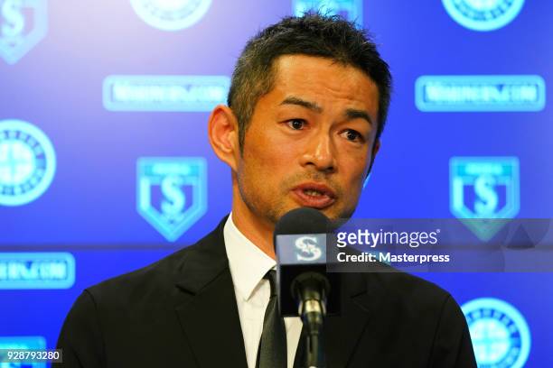 Seattle Mariners new signing Ichiro Suzuki speaks during a press conference on March 7, 2018 in Peoria, Arizona.